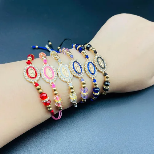 Vista 6 de Pulsera Virgen María con cordón ajustable Nuestra Señora de Guadalupe Pulsera de cuentas de cristal
