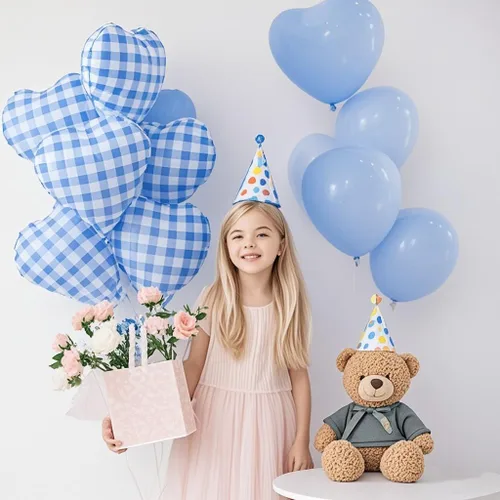 Vista 2 de 10 globos de corazón a cuadros azules, globos de 18 pulgadas en forma de corazón a cuadros azul pastel y blanco para boda romántica, proponer San