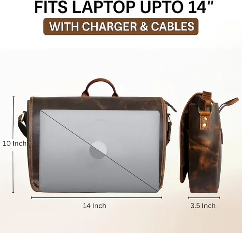 Vista 3 de Bolso de mensajero de cuero para hombre, 14 pulgadas, bolso de cuero para laptop, bolso cruzado vintage para oficina, bolso de hombro de viaje