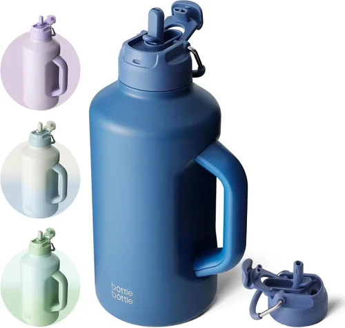 Vista 13 de BOTTLE BOTTLE Botella de agua aislada de 64 onzas con popote y tapa de doble uso, jarra de medio galón para hombres con asa, botella de agua