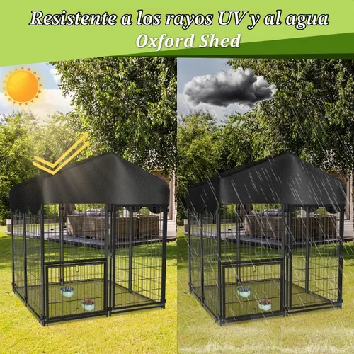 Vista 4 de Perrera resistente para perros al aire libre, perreras cubiertas exteriores con techo, 4 x 4.2 x 4.5 pies, puerta de comedero ajustable para perros