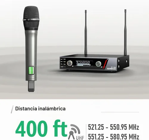 Vista 2 de Sistema de micrófono inalámbrico UHF de doble canal con escaneo automático y sincronización IR - 200 canales, rango de 400 pies, micrófonos