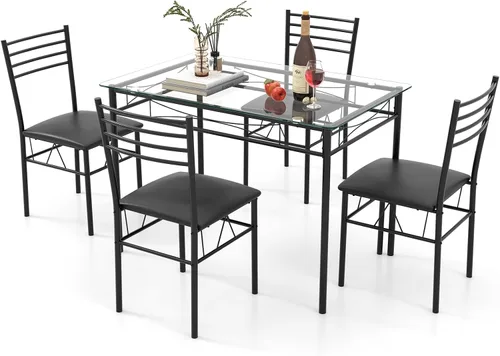 Vista 11 de Giantex Juego de mesa de comedor de 47 pulgadas para 4, mesa de cocina rectangular con 4 sillas de comedor, marco de metal, juego de comedor de 5