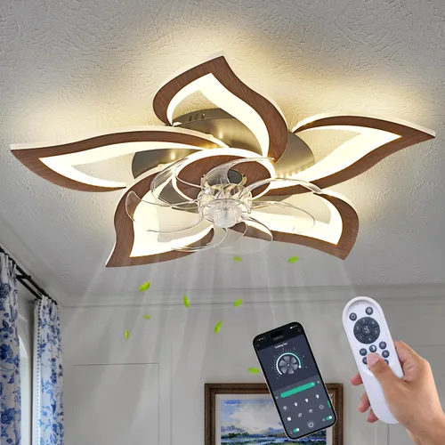 Vista 27 de Ventilador de techo de perfil bajo con control remoto y aplicación, motor silencioso y luz LED regulable, ventilador de techo de montaje empotrado