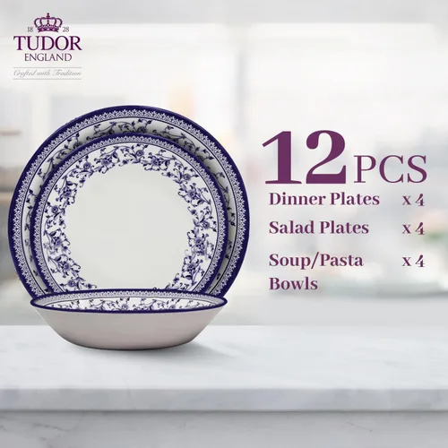 Vista 4 de TUDOR ROYAL - Juego de vajilla redonda de porcelana de 12 piezas, servicio para 4, diseño azul aster, multicolor floral, platos, tazones, tazas