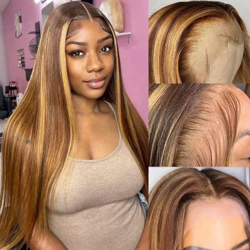 Vista 17 de Flady Peluca de cabello humano con encaje frontal ombré, prearrancada, sin pegamento, peluca frontal de encaje HD 4/27, pelucas de cabello humano