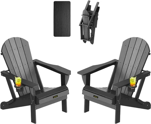 Vista 33 de Silla Adirondack Plegable, Sillas Adirondack de Plástico con Textura de Madera con 2 Portavasos, Silla para Hoguera de HDPE Resistente a
