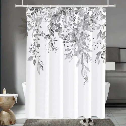 Vista 26 de Tititex - Juego de cortinas de ducha de eucalipto negro, hojas de acuarela gris en la parte superior, con decoración floral de baño, 60 x 72