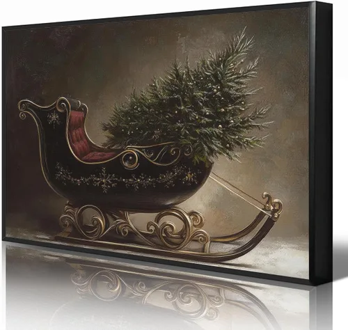 Vista 17 de Arte de pared en lona de árbol de Navidad y pino, póster rústico iluminado de abeto nevado, decoración de pared de vacaciones de invierno antigua