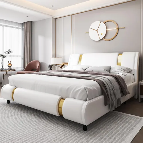 Vista 9 de TTVIEW Moderna base de cama tapizada de piel sintética con decoración de metal de hierro dorado, cabecera curvada ajustable, soporte de listones