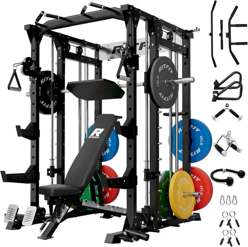 Vista 18 de RitFit Máquina Buffalo Smith, jaula eléctrica con sistema LAT-Pull Down y sistema de cruce de cables, estante de sentadillas todo en uno