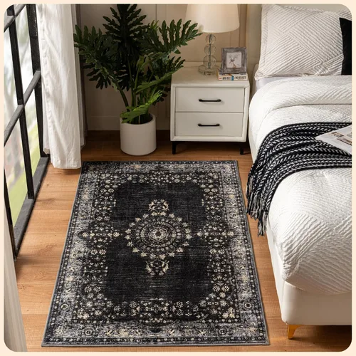 Vista 393 de Istana Alfombra larga antideslizante de 2.5 x 8 para el hogar, para pasillo y cocina, lavable, sedosa y suave al tacto, elegante, color azul y marfil