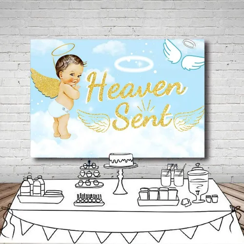 Vista 5 de Bonito telón de fondo para fiesta de baby shower, de 7 x 5 pies, cielo azul claro, nube blanca, ángel dorado, decoración de alas doradas, regalo