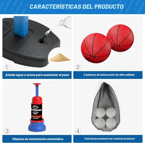 Vista 6 de HYES Juego de aro de baloncesto 2 en 1 y pelota en T para niños, altura ajustable, tee de béisbol para niños con máquina de lanzamiento automática