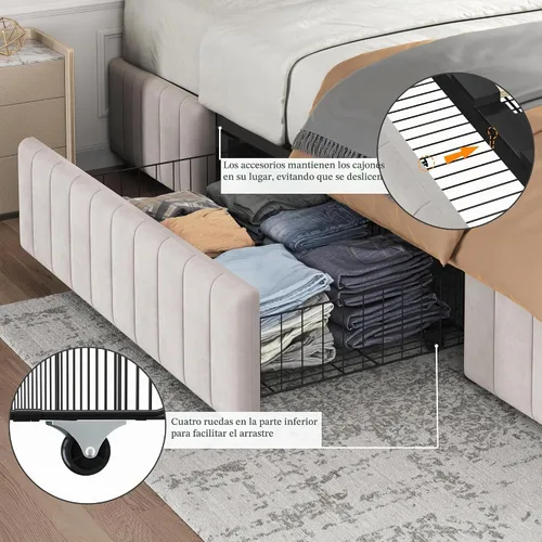 Vista 5 de Yaheetech Bastidor de cama completo con plataforma tapizada con 3 cajones de almacenamiento, gran espacio de almacenamiento/Listones de madera