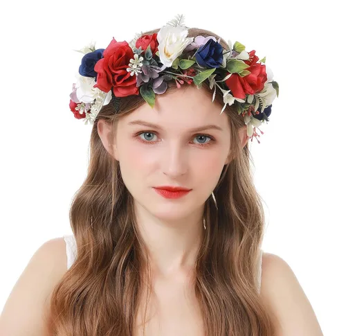 Vista 2 de Vivivalue Diadema ajustable de flores, corona de flores, corona para el cabello, diadema floral Halo Boho con cinta, fotos de fiesta de boda