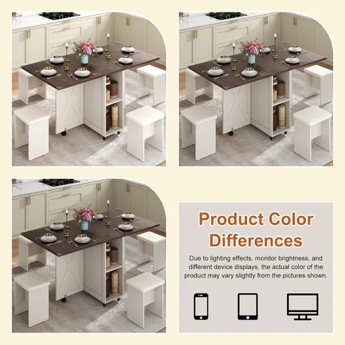 Vista 9 de Juego de mesa de comedor de granja de 5 piezas para 4, mesa plegable grande de 117 cm con 4 sillas de cuero, mesa de cocina plegable con ala