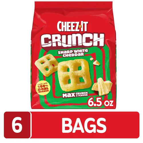 Vista 5 de Cheez-It Crunch Pasabocas horneados con sabor a queso, bocadillos para el almuerzo, cheddar blanco fuerte (paquete de 6 bolsas)
