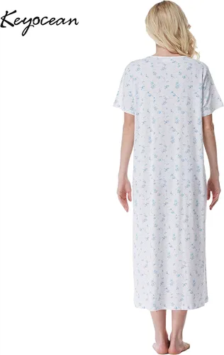 Vista 2 de Keyocean - Camisón de manga corta para mujer, 100 % algodón, suave, cómodo, ligero, con encaje, para verano, ropa de dormir Floral azul