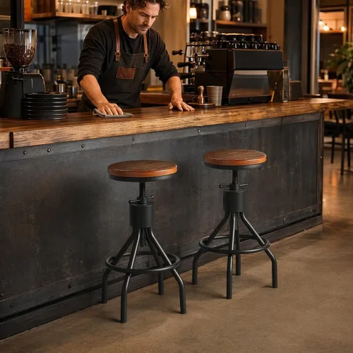 Vista 8 de Taburete de bar industrial vintage con altura ajustable, taburete de cocina estilo francés de granja, silla giratoria, madera maciza Chiar, fácil