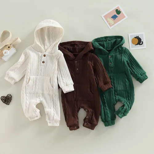 Vista 2 de Ynibbim Mameluco de invierno para recién nacido, para bebé, niño, niña, unisex, con capucha, ropa de gofre, de algodón, con botones