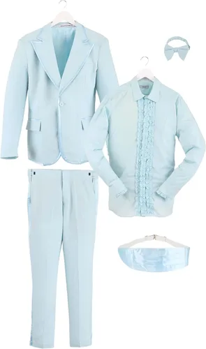 Vista 4 de Disfraz de esmoquin azul para adultos, esmoquin azul polvo para hombres, camisa, pantalones, chaqueta, disfraz de Halloween, Azul