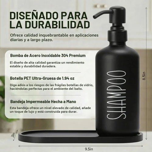 Vista 2 de MOMEEMO Botellas reutilizables para champú y acondicionador con bandeja Negro Negro