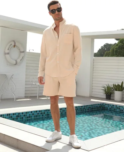 Vista 5 de RPOVIG Conjuntos de lino para hombre, conjuntos de verano de 2 piezas, ropa de vacaciones en la playa, camisas casuales de manga larga, pantalones