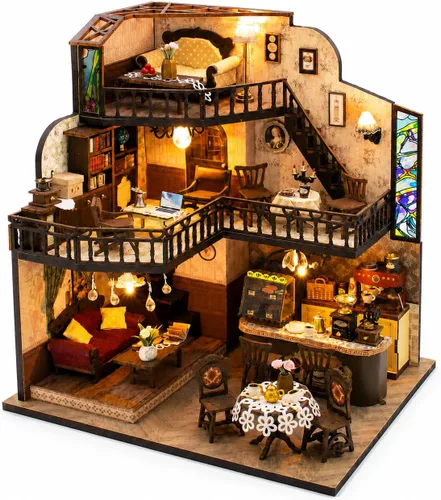 Vista 12 de Kit de casa de muñecas en miniatura Spilay para bricolaje, kit de casa de muñecas con muebles de madera, cubierta a prueba de polvo, caja de música