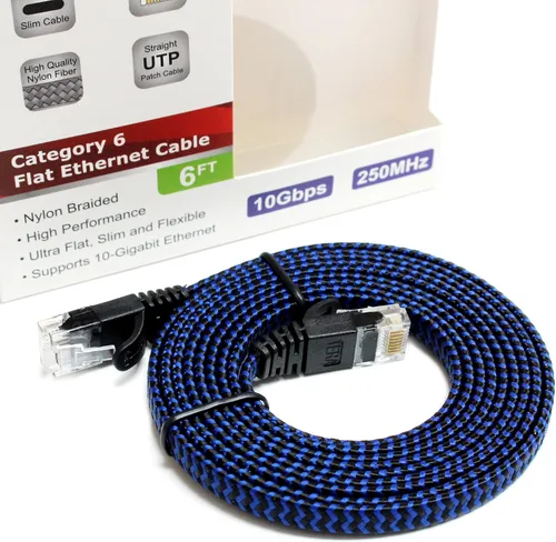Vista 5 de Cable de red trenzado ultra plano CAT6 10 Gigabit Ethernet de 6 pies, negro/azul, cable LAN de Internet para computadora con conectores RJ45 sin