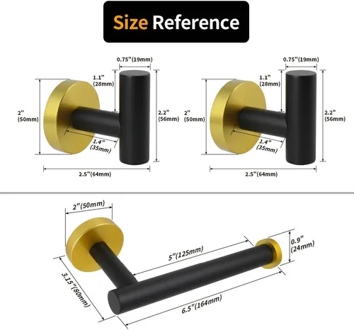 Vista 6 de Juego de accesorios de baño de 3 piezas, color negro y dorado, para montar en la pared, incluye soporte para papel higiénico, 2 ganchos para toallas