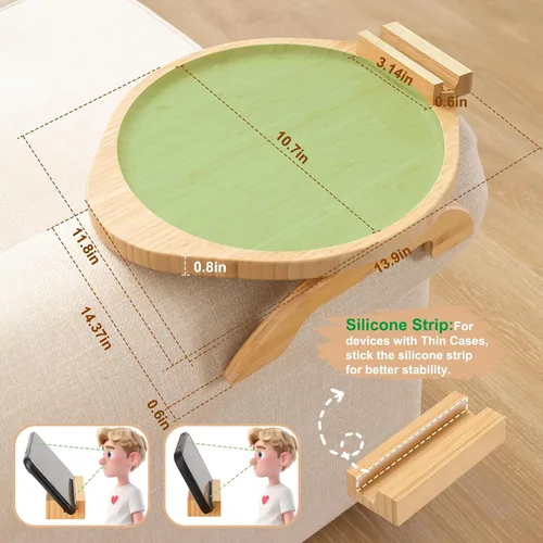 Vista 12 de SINWANT Mesa de brazo de sofá, mesa grande de bambú con clip para sofá con soporte para teléfono de 360°, mesa plegable para reposabrazos de sofá