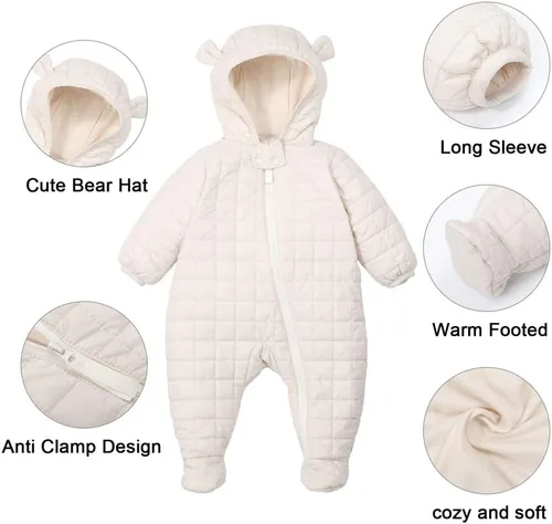 Vista 15 de DDY Traje de nieve para bebé niña niño de 0 a 3 meses, chaqueta de plumón con capucha, mameluco para bebé, mameluco para invierno, color gris