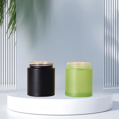 Vista 2 de 4 tarros de vidrio redondos de 3.53 oz con tapas de grano de madera, recipientes vacíos recargables para cosméticos, tarros para loción, crema Negro
