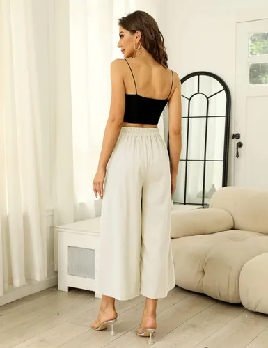 Vista 6 de Hooever Pantalones culottes de algodón y lino para mujer, cintura elástica, pierna ancha, pantalones capri