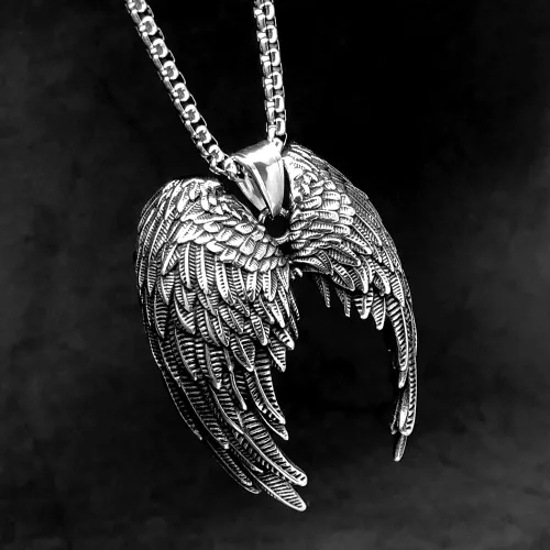 Vista 2 de Bahamut - Collar de alas de ángel guardián para hombres, niños, adolescentes, colgante de acero inoxidable, joyería de amuleto fresco, cadena de 25