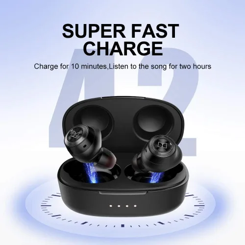 Vista 5 de Monster Achieve 100 auriculares inalámbricos AirLinks, carga súper rápida, auriculares estéreo Bluetooth 5.0 con estuche de carga USB-C, micrófono
