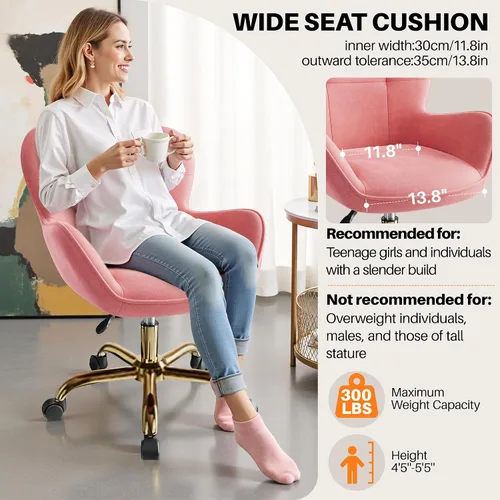 Vista 9 de Silla de tocador con ruedas, bonitas sillas de escritorio de altura ajustable para dormitorio, silla de maquillaje moderna con respaldo (rosa)