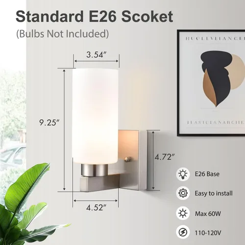 Vista 5 de DEYNITE Conjunto de dos apliques de pared modernos de níquel cepillado para baño con pantalla de vidrio cilíndrico blanco lechoso