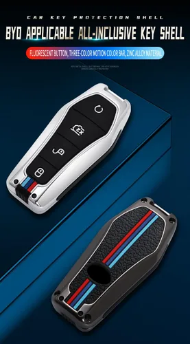 Vista 2 de Funda para llavero de aleación de zinc con llavero para BYD Han Ev Tang Dm 4 botones Funda protectora para llave de coche Un llavero-Negro