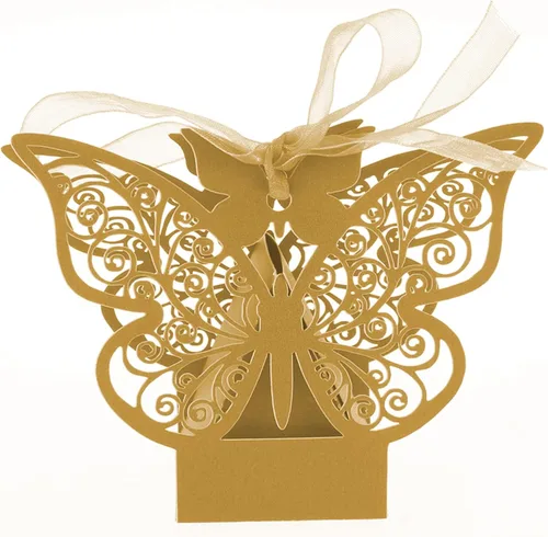 Vista 4 de 50 cajas de regalo de mariposa azul marino cortadas con láser, cajas de regalo de galletas con cintas, bonita caja de chocolate para boda, niña
