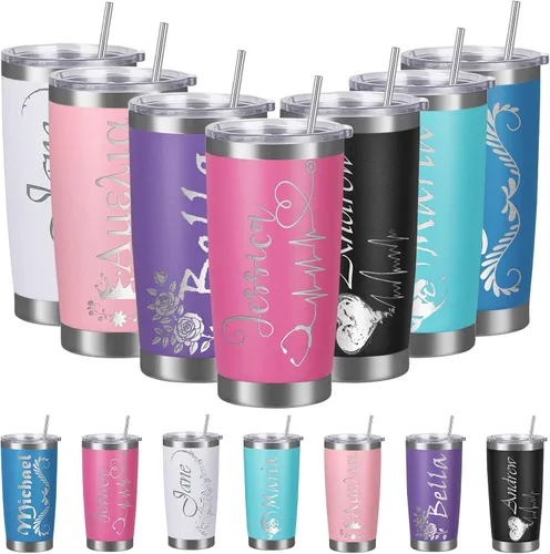 Vista 12 de Vasos personalizados con tapa y pajita, vaso aislado personalizado grabado con nombre, vaso de café de acero inoxidable, regalos para hombres y Negro