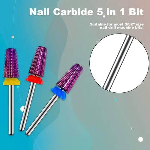 Vista 5 de 3 piezas de brocas de carburo 5 en 1 para uñas - Rotación bidireccional para zurdos y diestros - XF, F, M 3/32 pulgadas - Brocas para taladro