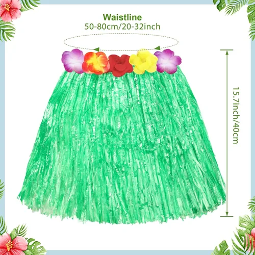 Vista 2 de Shappy 12 piezas hawaiano Luau Hibiscus verde seda imitación flores hula hierba hula falda para fiesta de disfraces, cumpleaños, celebración (verde)