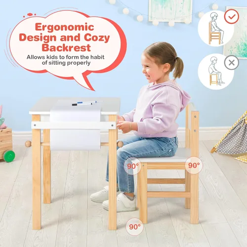 Vista 3 de Costzon Juego de mesa y silla para niños, mesa de arte con rollo de papel, cajón, 2 rotuladores, mesa de actividades de madera, adecuada para sala