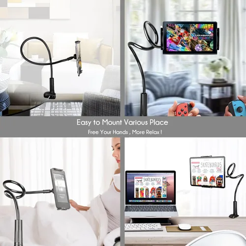 Vista 5 de Soporte para Tableta y Teléfono con Cuello de Cisne Soporte para Kindle para Cama Soporte flexible de 33 pulgadas con abrazadera de brazo largo