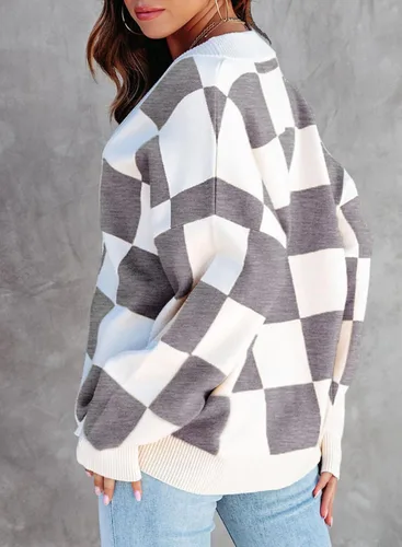 Vista 3 de Dokotoo - Suéter de punto trenzado, de manga larga con cuello en V a cuadros, estilo holgado para mujer