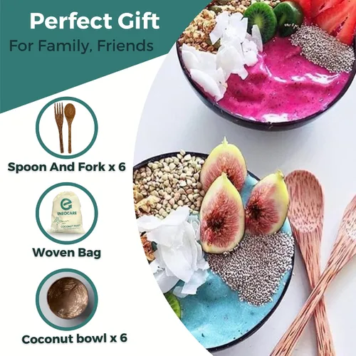 Vista 6 de Juego de 6 cuencos de coco natural y cucharas de madera Juego de cuencos orgánicos reutilizables ecológicos para batidos Acai Buda
