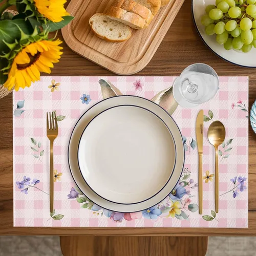 Vista 2 de Juego de 4 manteles individuales de Pascua con diseño de conejo, tela de arpillera tejida lavable para mesa de comedor cuadrada, rectangular