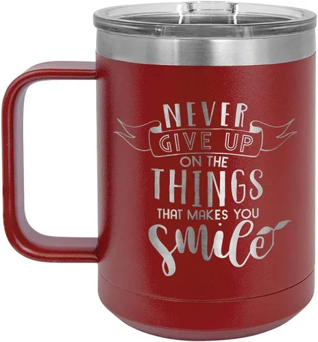 Vista 5 de Nunca renuncies a las cosas que hacen sonreír, taza de café negra de 15 oz con tapa superior deslizante, taza de café de viaje aislada, regalo